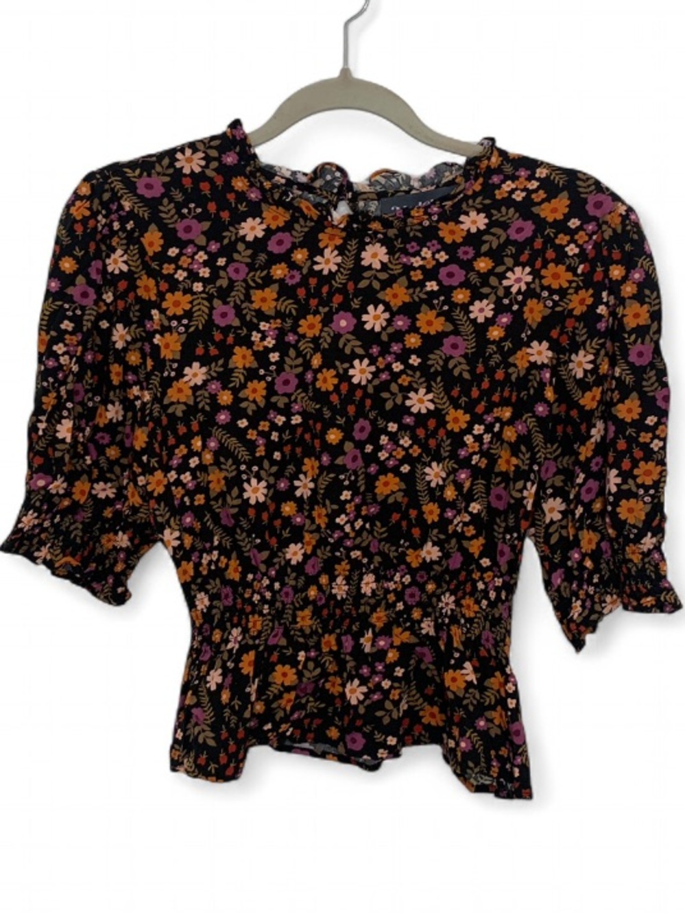 ModCloth x Princess Highway Black Floral Smocked Peplum Puff Sleeve Top